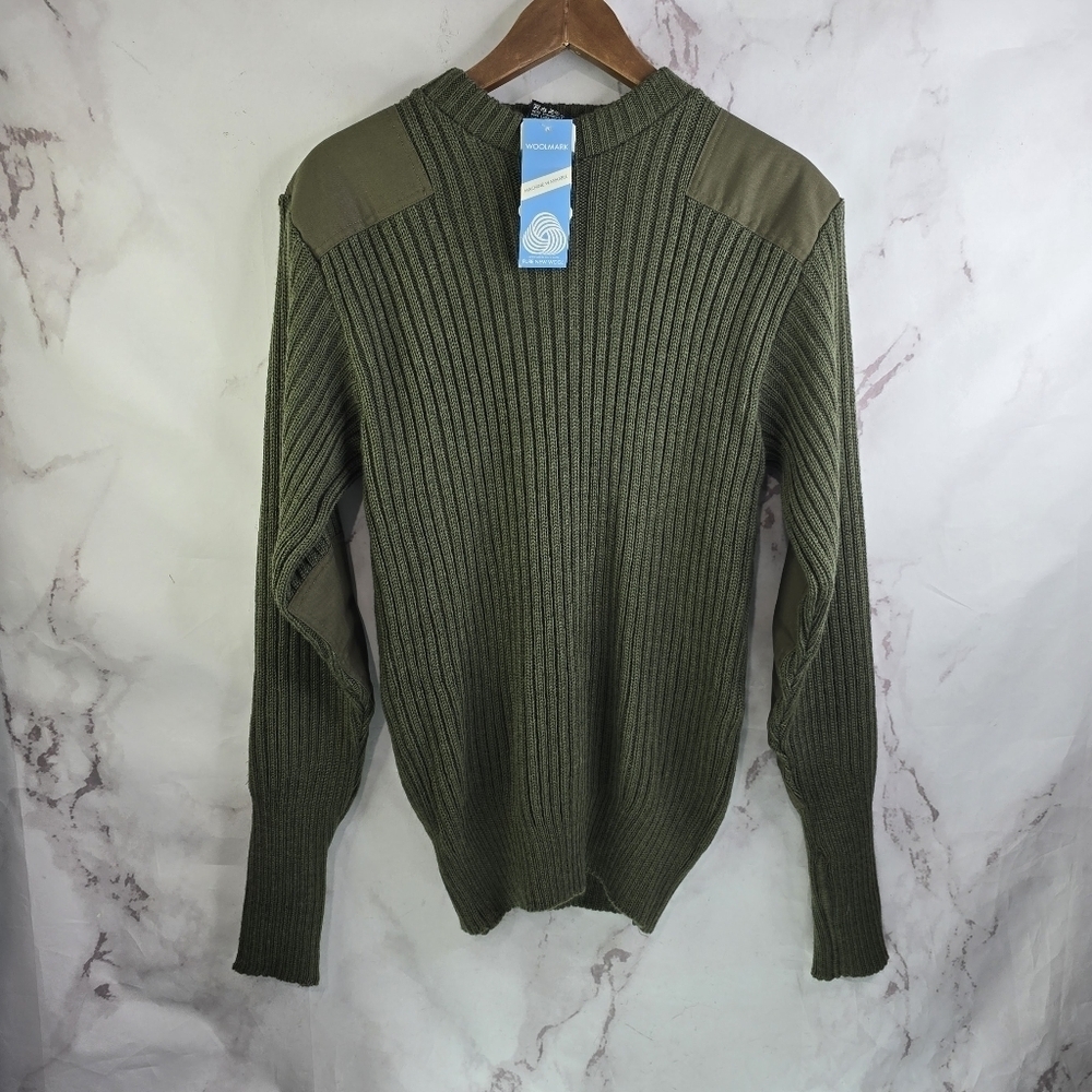 Vintage Wool Sweater Men Medium Green Shoulder Elbow Commando Military Tactical